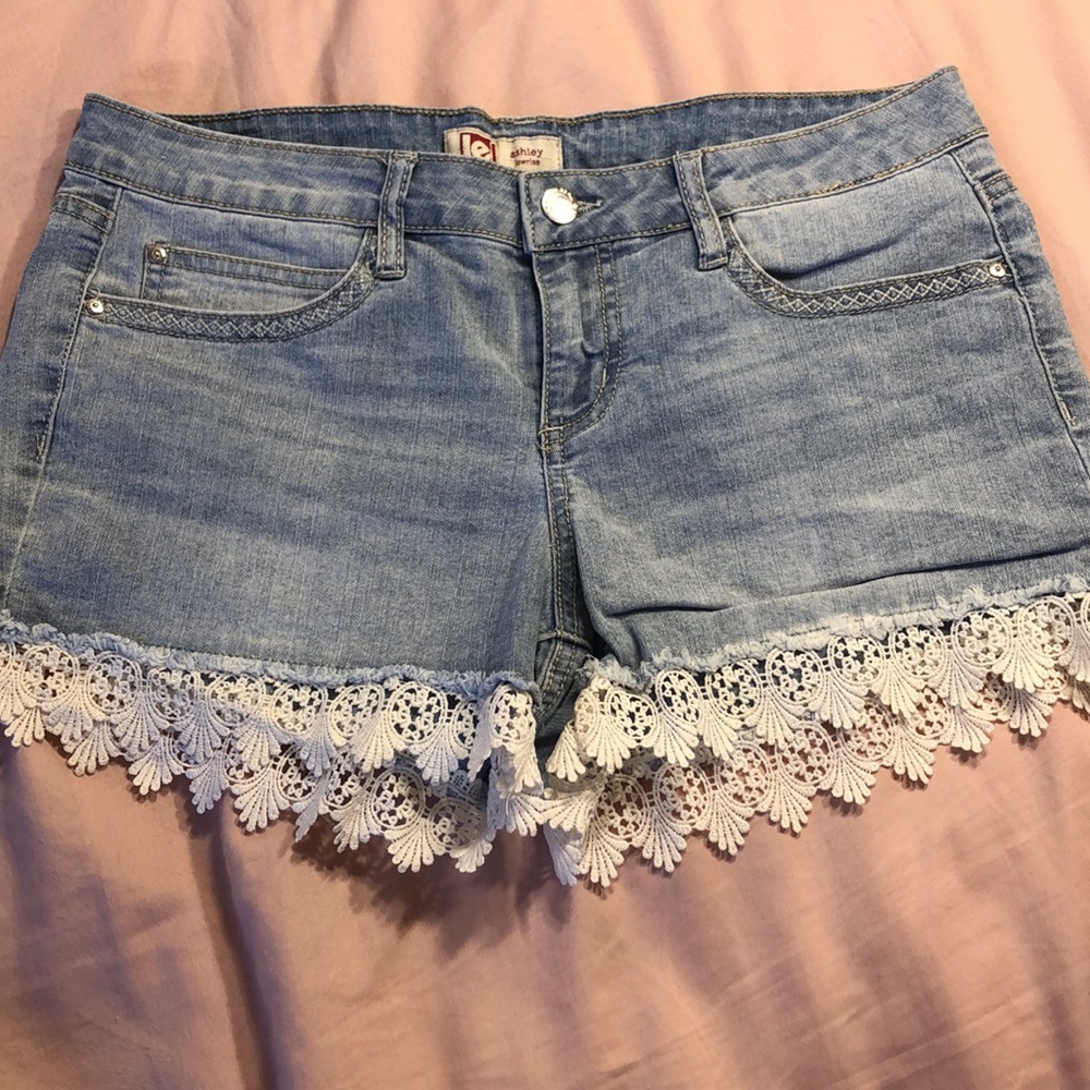 Lei low rise jean shorts with lace bottom